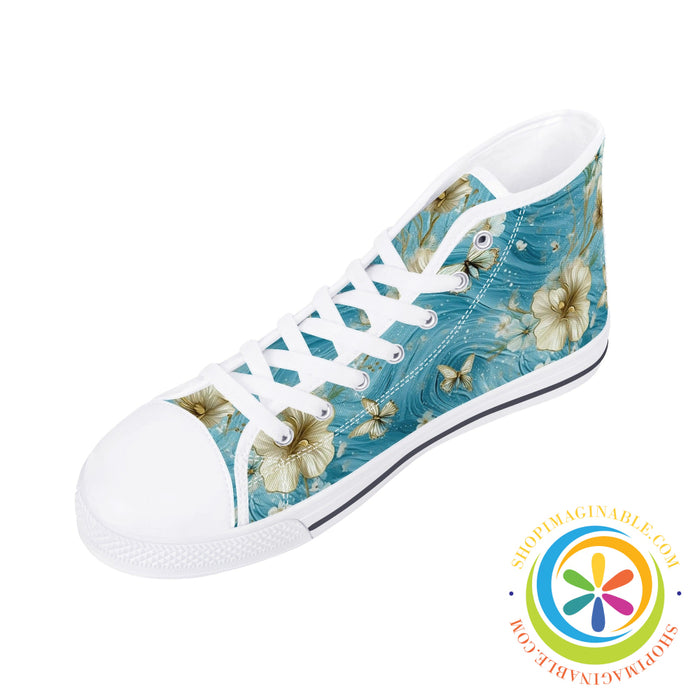 Blue Butterfly Floral Ladies High Top Canvas Shoes-ShopImaginable.com