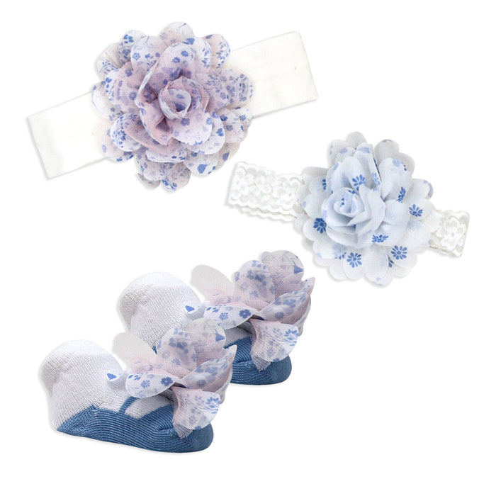 Blue Flower Baby Headband & Sock Set – 3pc (0–6 Months)