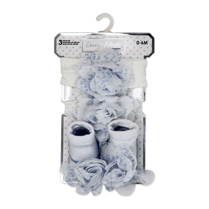 Blue Flower Baby Headband & Sock Set – 3pc (0–6 Months)