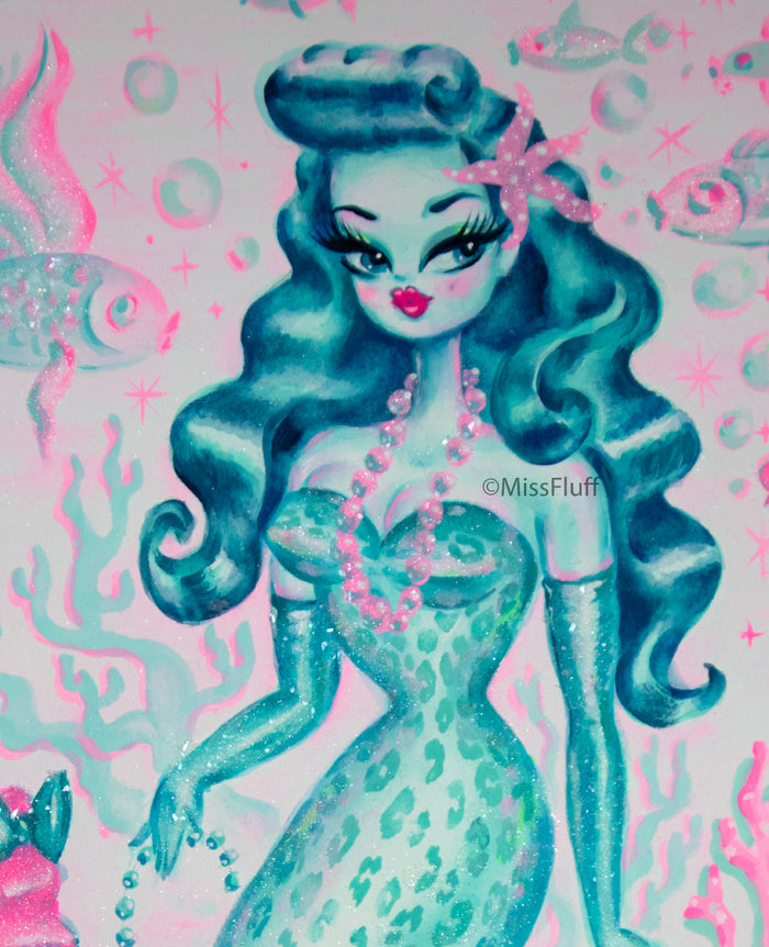 Blue Leopard Mermaid with Merpoodle • Original Drawing 11x14