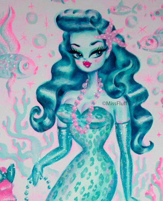Blue Leopard Mermaid with Merpoodle • Original Drawing 11x14