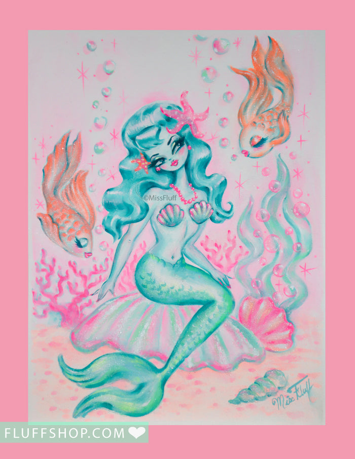 Blue Mermaid with Sweet Goldfish • Original Drawing 9x12