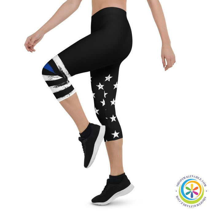 Blue & White Striped Star Capri Leggings-ShopImaginable.com