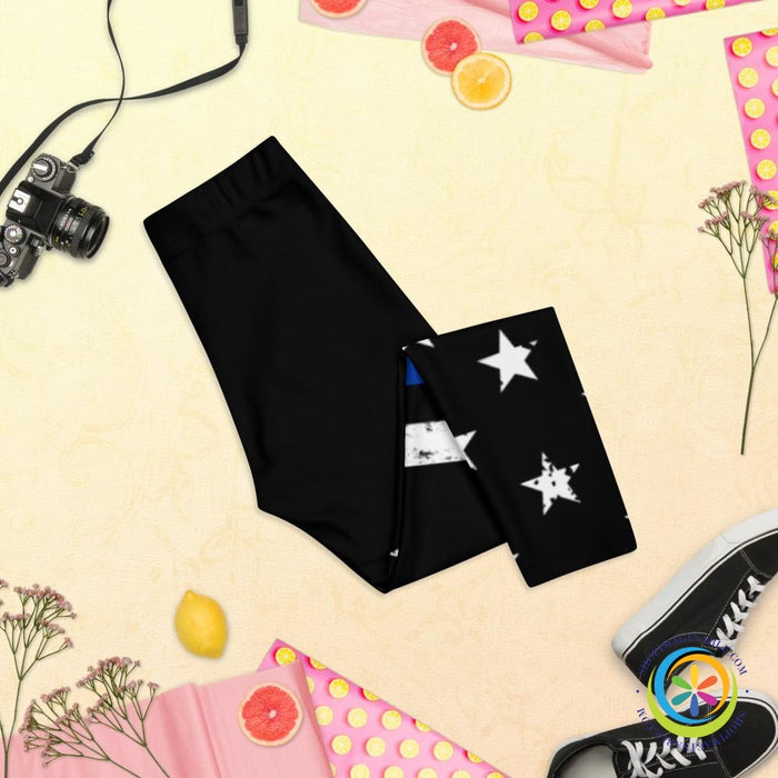 Blue & White Striped Star Capri Leggings-ShopImaginable.com