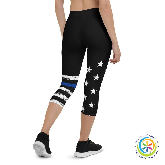 Blue & White Striped Star Capri Leggings-ShopImaginable.com