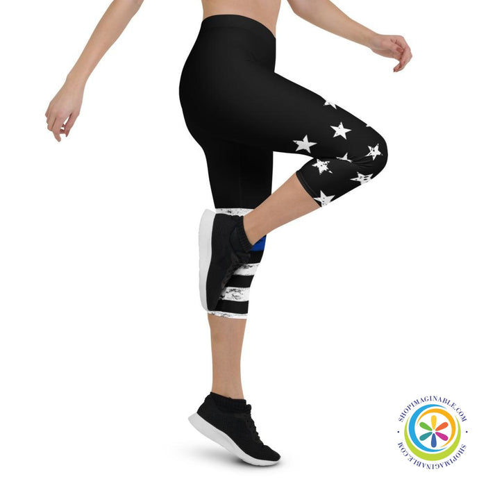 Blue & White Striped Star Capri Leggings-ShopImaginable.com