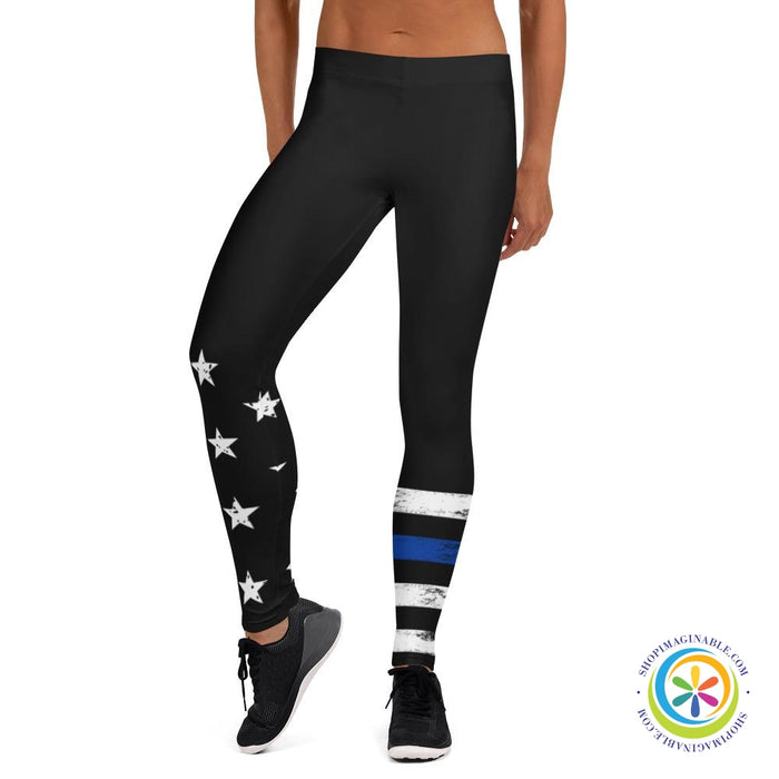 Blue & White Striped Star Full Length Leggings-ShopImaginable.com