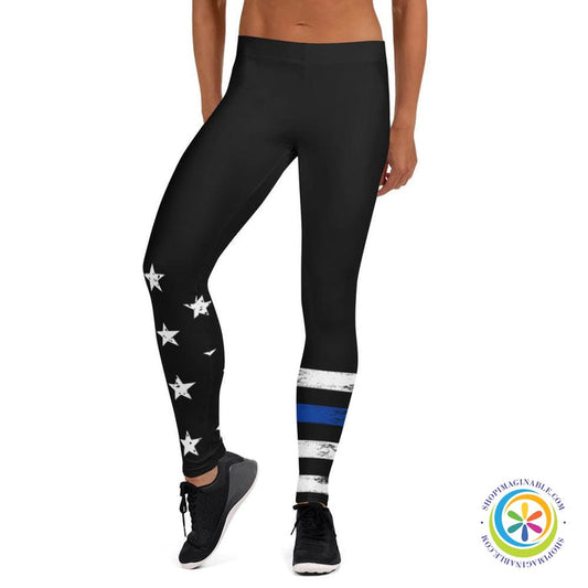 Blue & White Striped Star Full Length Leggings-ShopImaginable.com