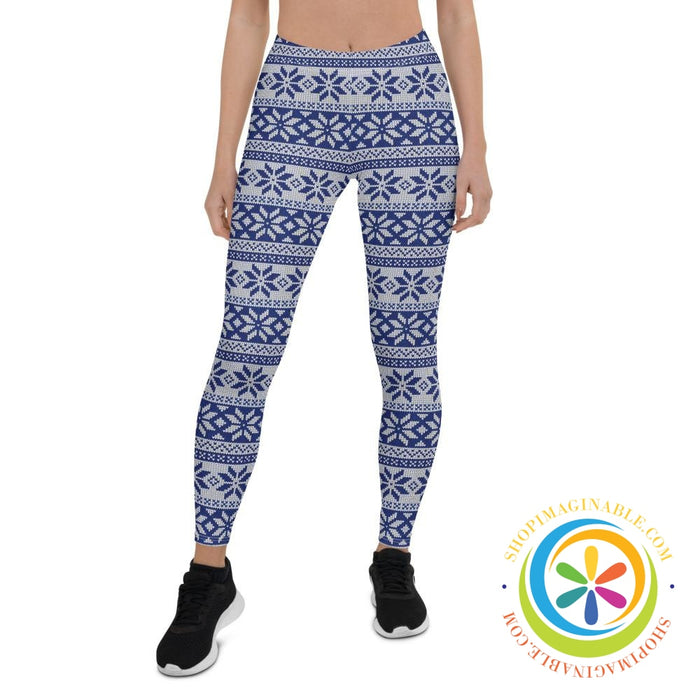 Blue & White Sweater Holiday Full Length Leggings-ShopImaginable.com
