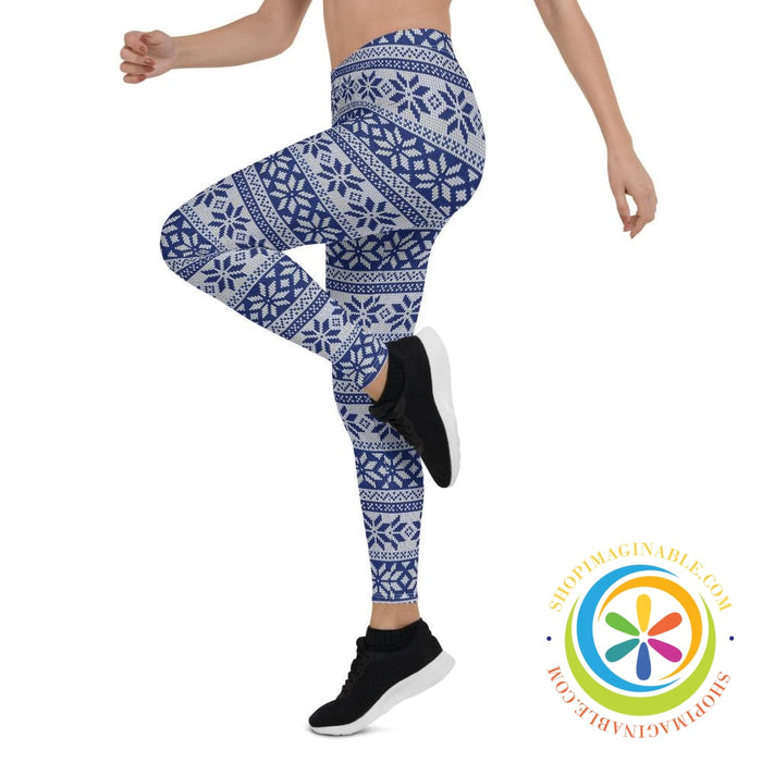 Blue & White Sweater Holiday Full Length Leggings-ShopImaginable.com