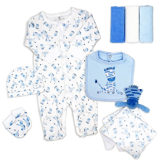 Blue Zebra Newborn 8 Piece Gift Set – 100% Cotton Layette & Toy