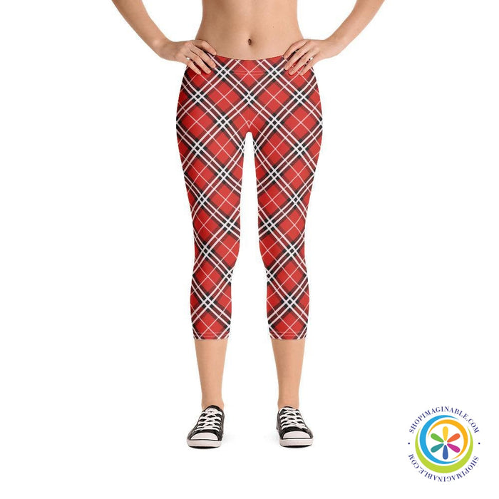 Bold Red Plaid Capri Leggings-ShopImaginable.com