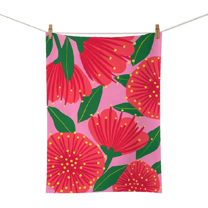 100% New Zealand Bright Pink Pohutukawa Tea Towel | Koop.co.nz