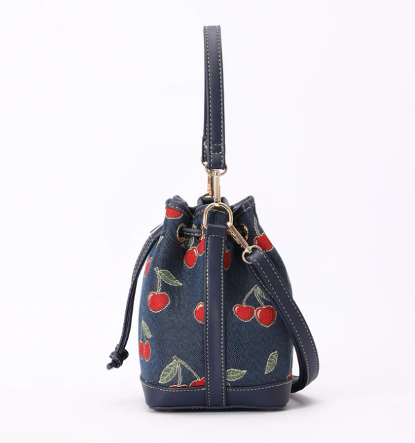 BUCK-CHERRY-BLUE | Cherry Denim Blue Bucket Handbag