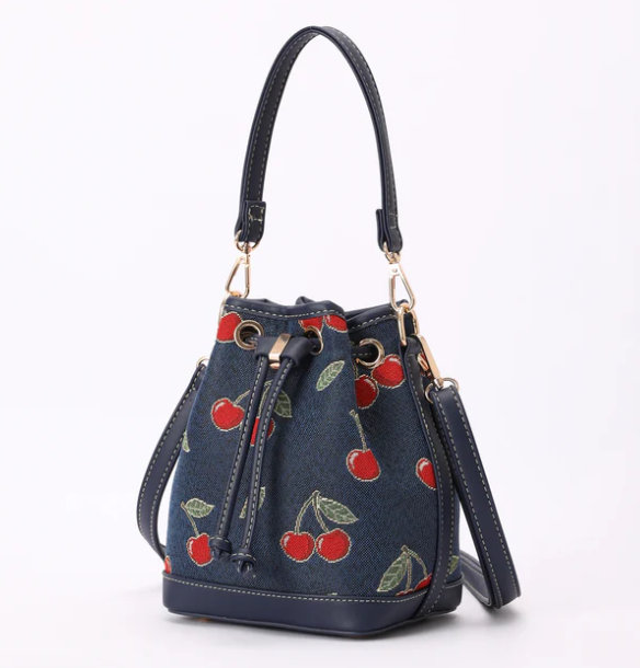 BUCK-CHERRY-BLUE | Cherry Denim Blue Bucket Handbag