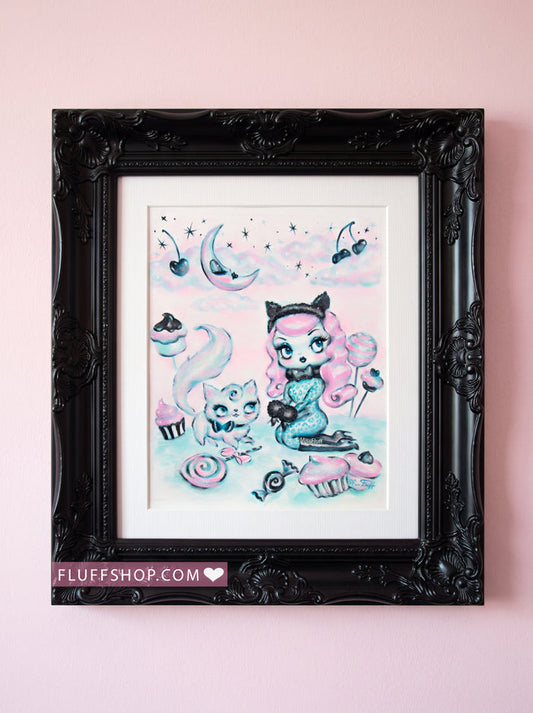 Candy Kitten Doll wih Pink Hair • Original Drawing 9x12-unframed