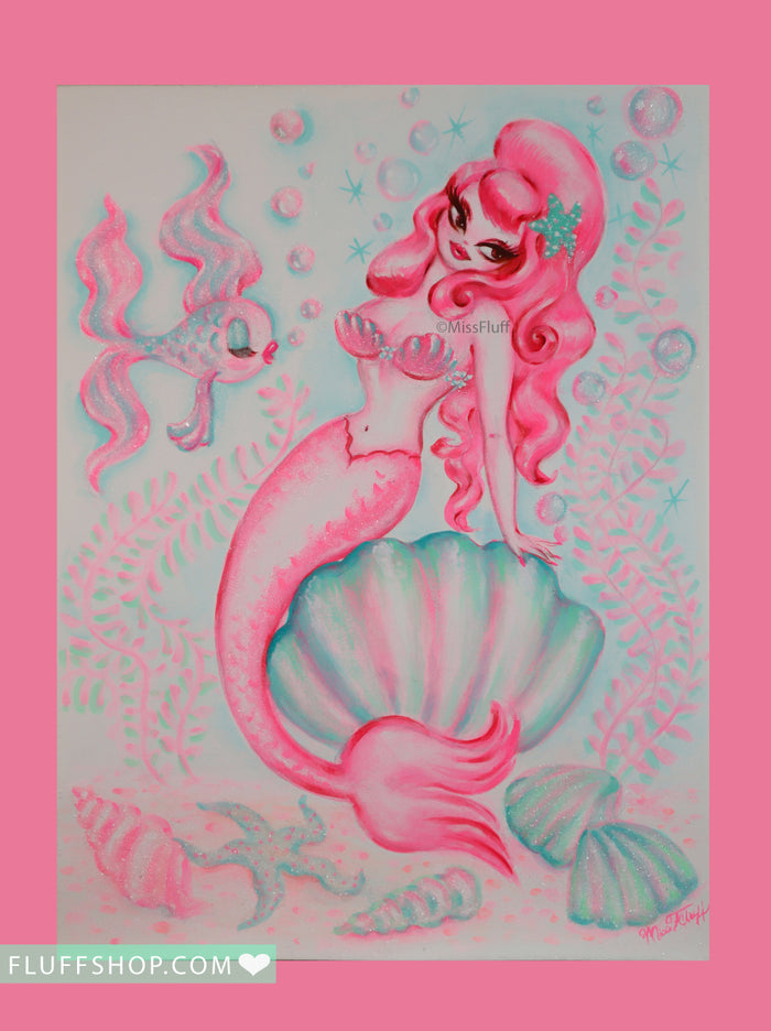 Candy Pink Mermaid with Sleepy Fish • Original Drawing 9x12