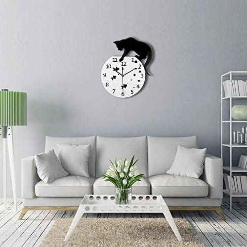 Cat on Clock Living Room Mirror 3D Wall Design Home Decor Cats Pet Clever
