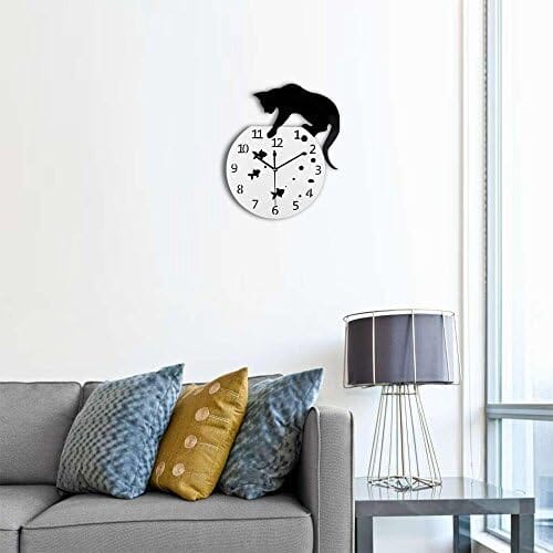 Cat on Clock Living Room Mirror 3D Wall Design Home Decor Cats Pet Clever
