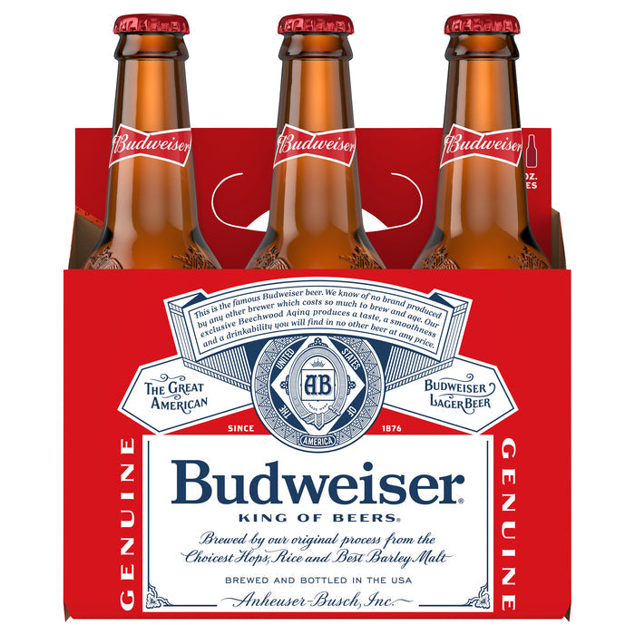 Cerveza Budweiser, paquete de 6 cervezas, botellas de 355 ml (12 oz fl), 5 % de alcohol por volumen.