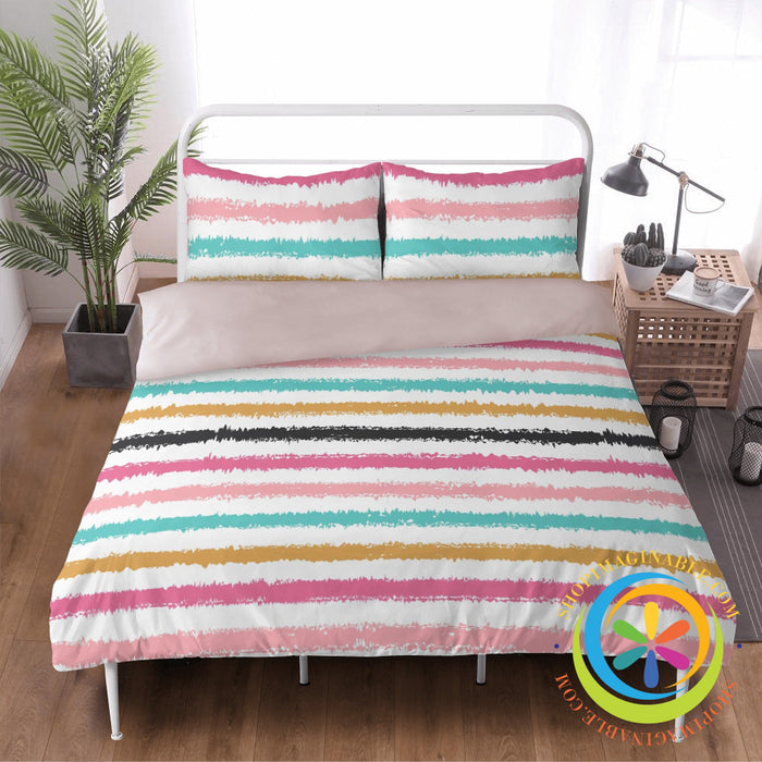 Chic Rainbow Striped Bedding Set Beige / Us Twin