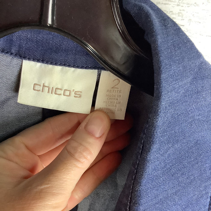 Coat Trench Coat By Chicos In Blue Denim, Size: L petite (Chicos size 2 petite)