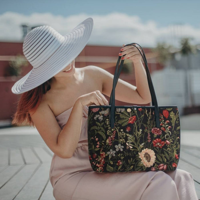 COLL-MGDBK | Morning Garden Black College/Shoulder Tote Bag