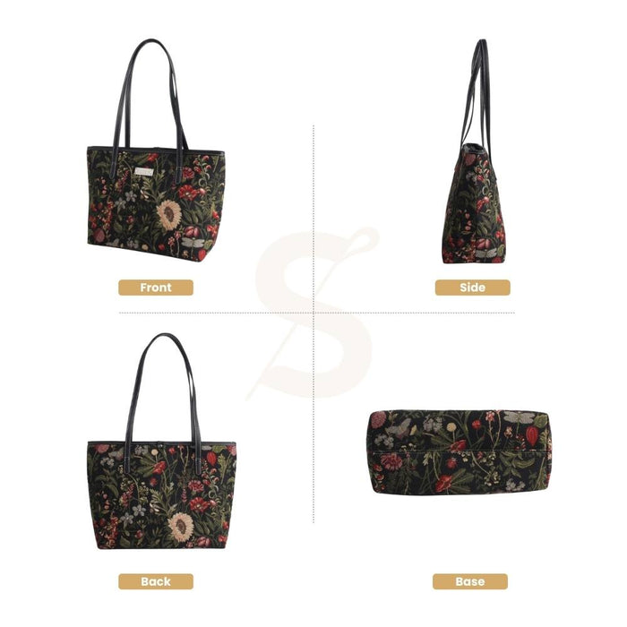 COLL-MGDBK | Morning Garden Black College/Shoulder Tote Bag
