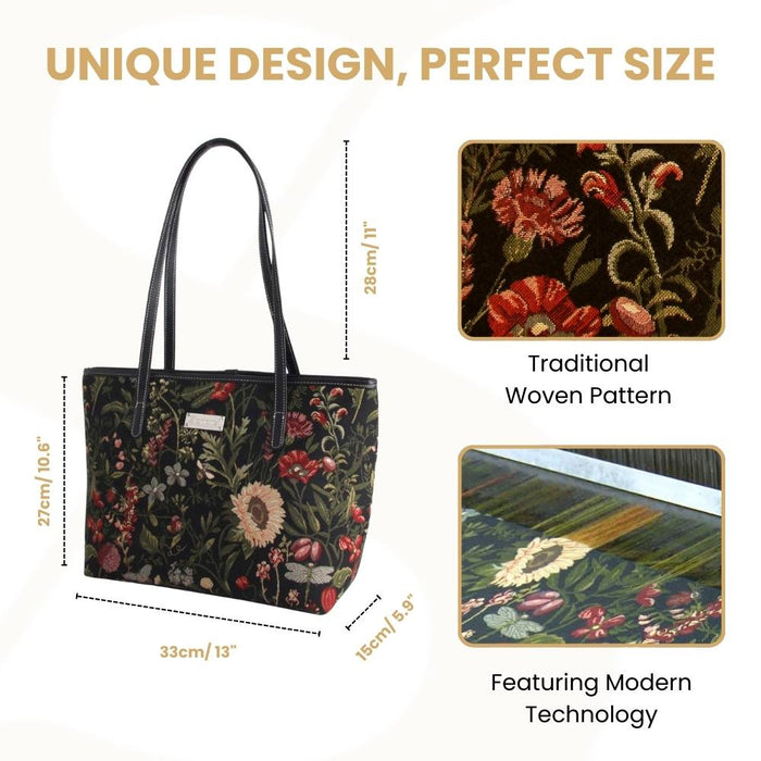 COLL-MGDBK | Morning Garden Black College/Shoulder Tote Bag