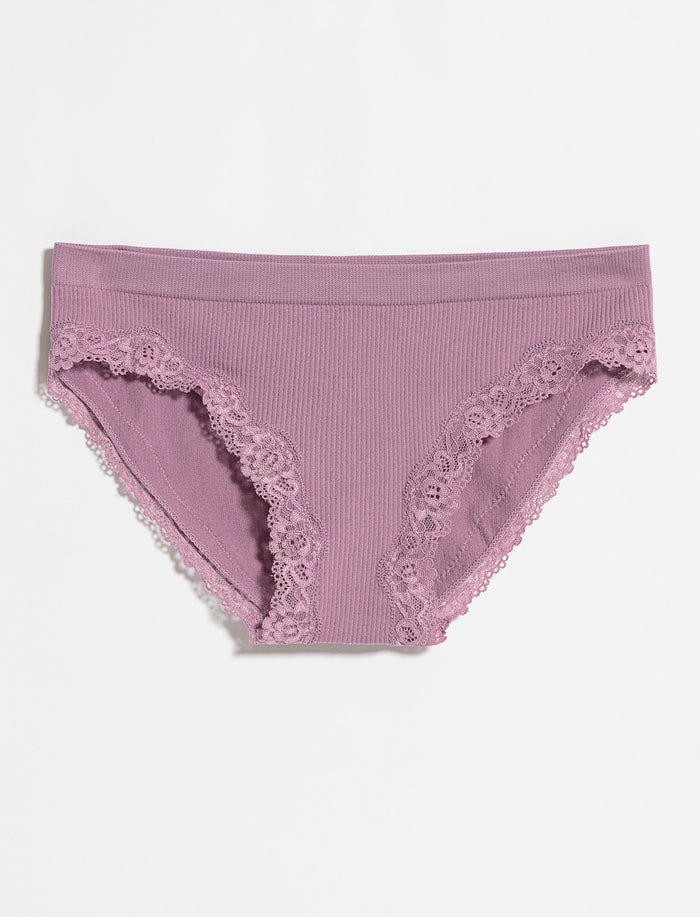 Culotte bikini côtelée à dentelle