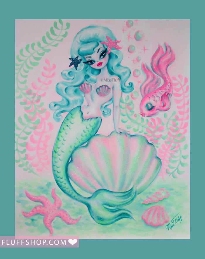 Dreamy Mermaid with Turquoise Hair • Original Drawing 11x14