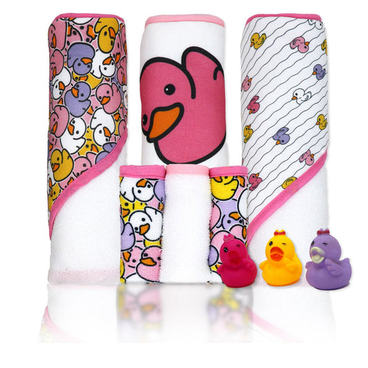 Duck Baby Bath Set – 100% Polyester Hooded Towel, Washcloths & BPA-Free Bath Toys