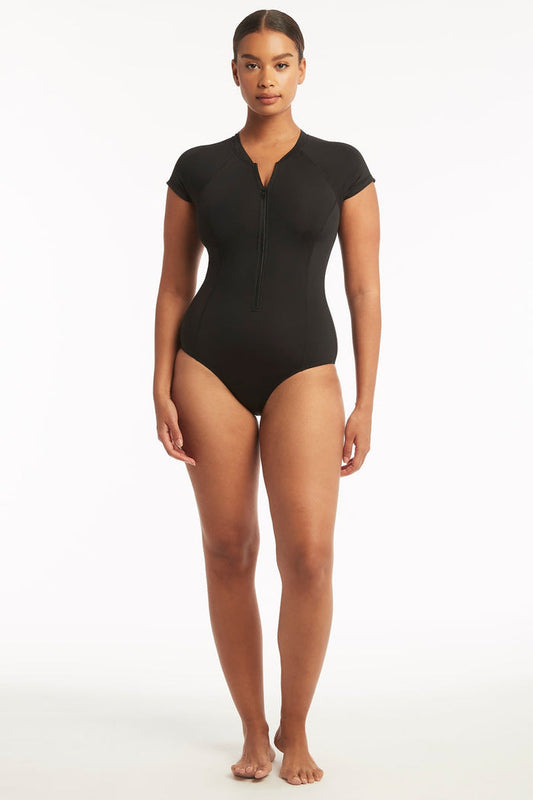 Eco Essentials Short Sleeve One Piece - Eco Essentials Black - Sea Level Australia