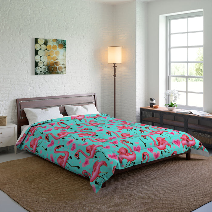 Flamingos and Hearts Aqua  • Comforter
