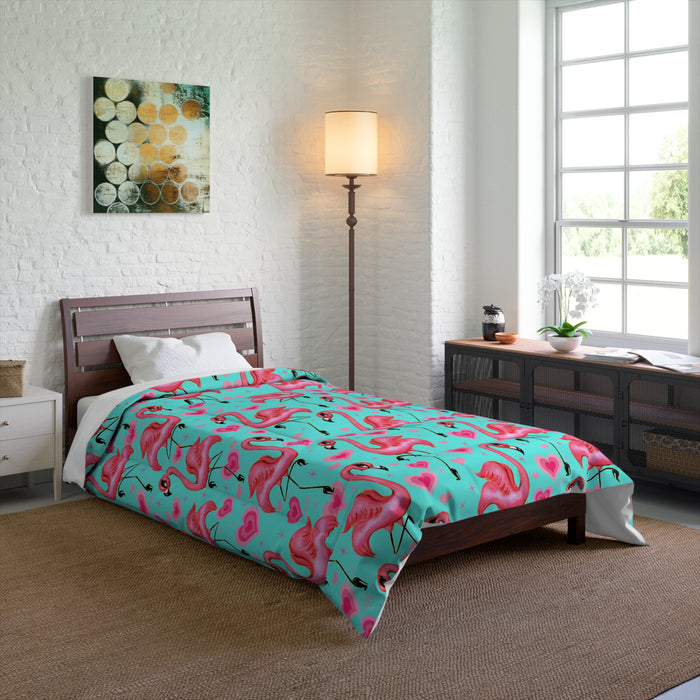 Flamingos and Hearts Aqua  • Comforter