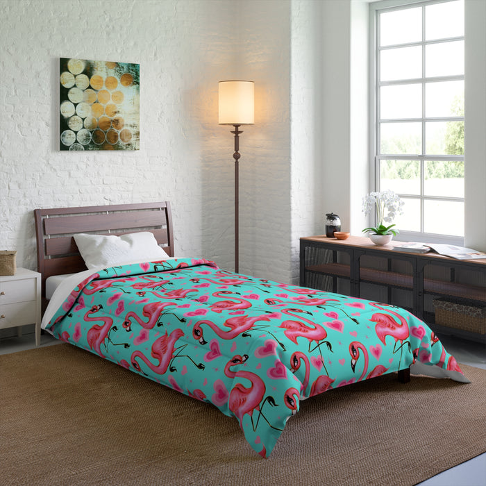 Flamingos and Hearts Aqua  • Comforter