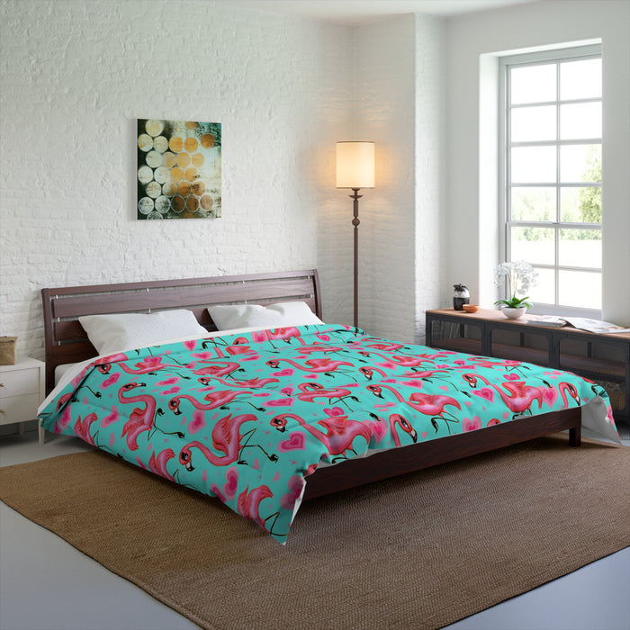 Flamingos and Hearts Aqua  • Comforter
