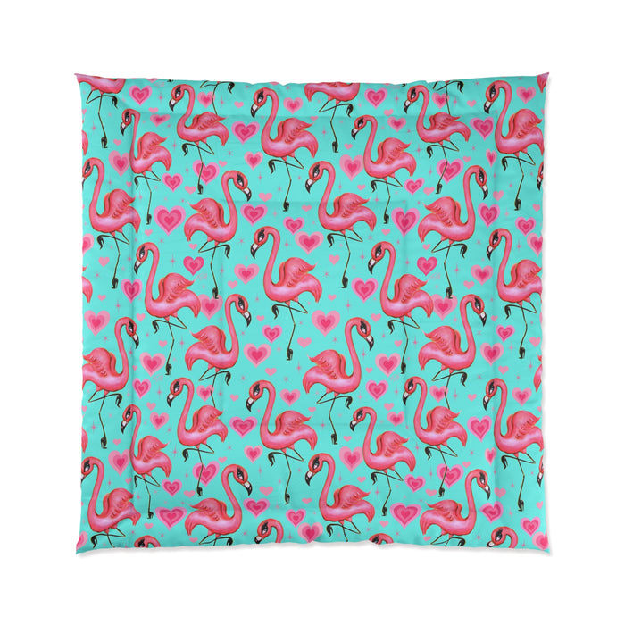 Flamingos and Hearts Aqua  • Comforter