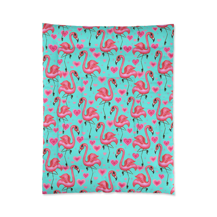 Flamingos and Hearts Aqua  • Comforter