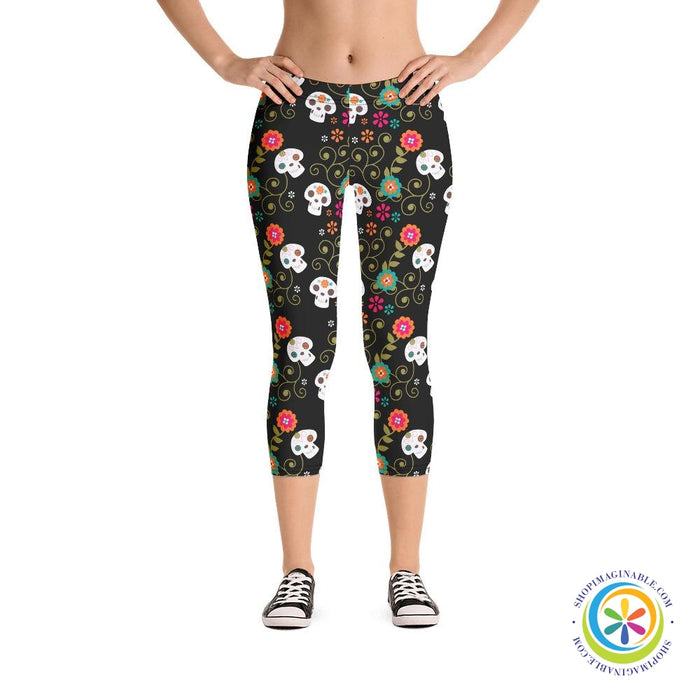 Flowers & Skulls Capri Leggings-ShopImaginable.com