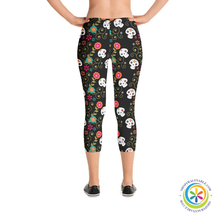 Flowers & Skulls Capri Leggings-ShopImaginable.com