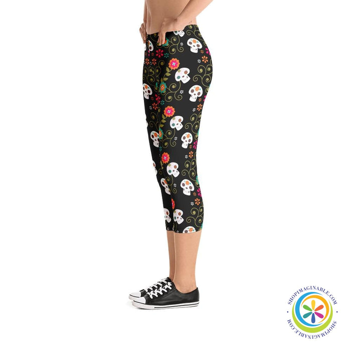Flowers & Skulls Capri Leggings-ShopImaginable.com
