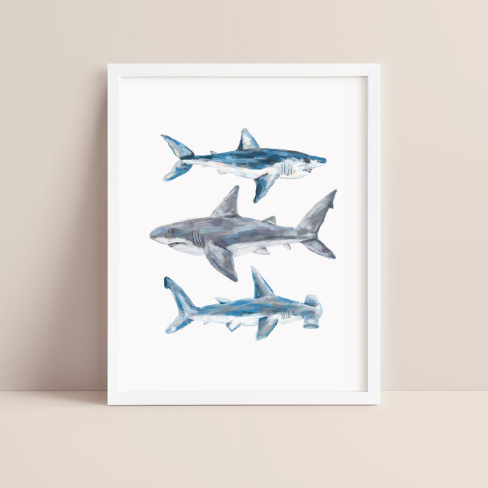 Great White, Mako + Hammerhead Shark  - Art Print or Canvas - Jetty Home
