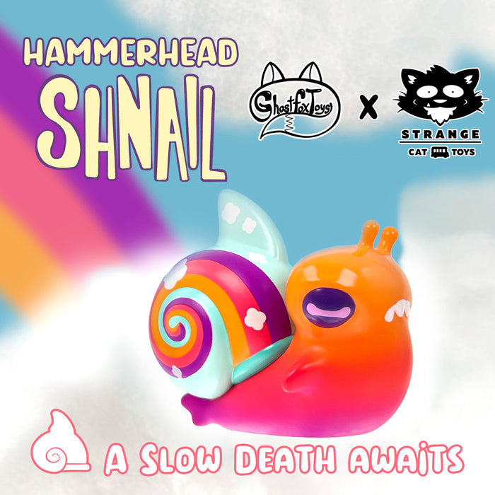 Vinyl toy of a Hammerhead Shnail by Ghost Fox Toys, featuring a colorful plastic snail design and a logo of a toy company.