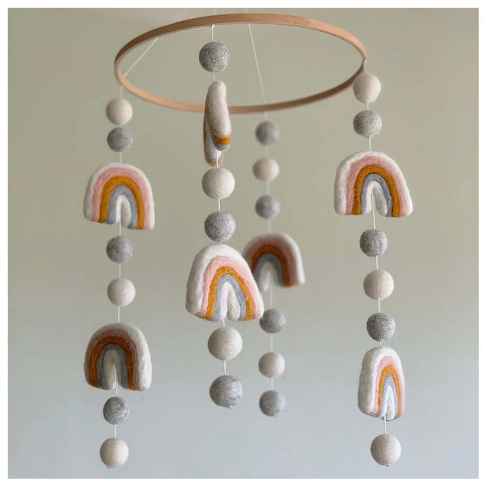 Sheepish Design Hand Made NZ Wool Baby Mobile - Rainbows Mustard/Pink | Koop.co.nz
