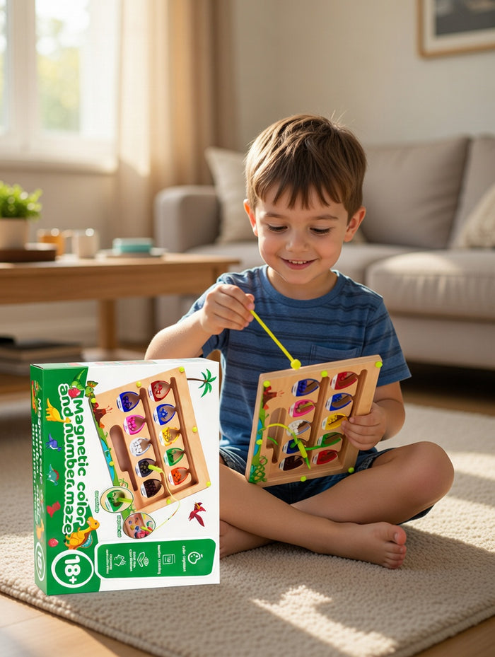 Magnetic Color & Number Maze – Dinosaur Wooden Board Toy (18+ Months)
