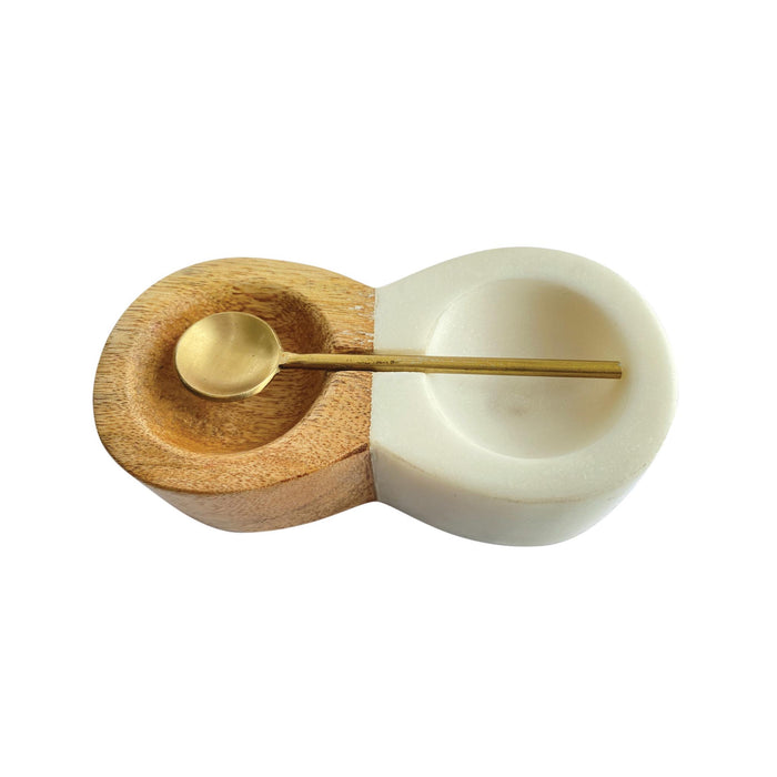 Mango Wood & Marble Pinch Pot & Brass Spoon Set