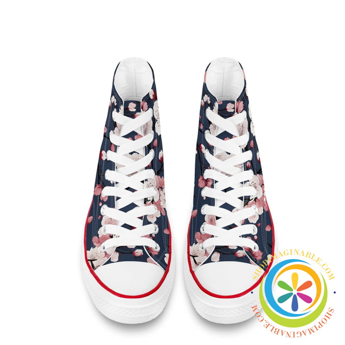 Midnight Blue Cherry Blossom Ladies Canvas High Top Shoes