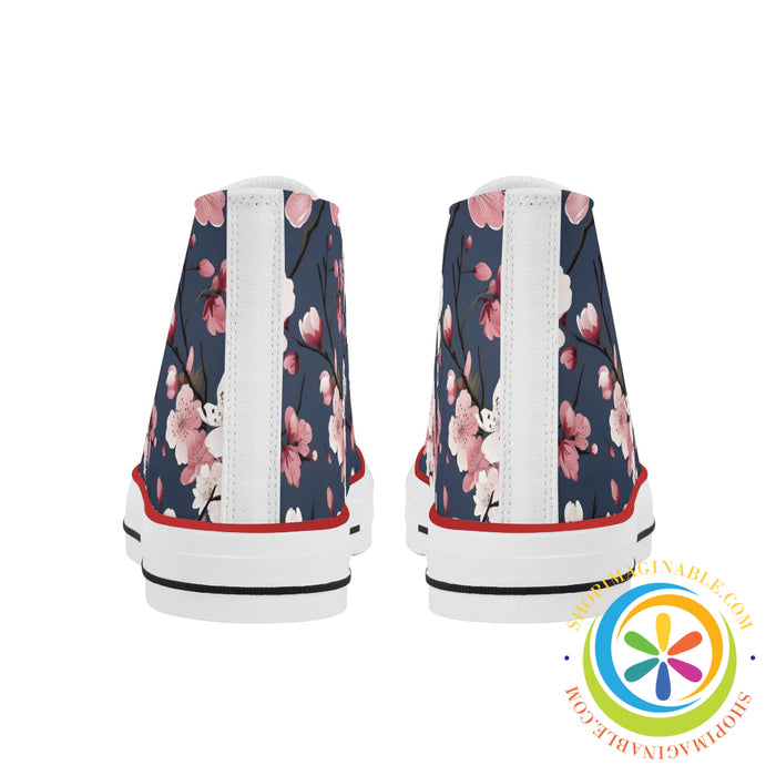 Midnight Blue Cherry Blossom Ladies Canvas High Top Shoes
