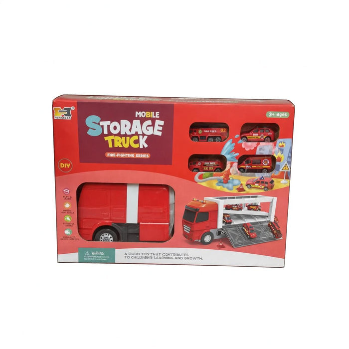 Mobile Fire Storage Truck Toy Set – Lights, Sound & Mini Vehicles (Ages 3+)